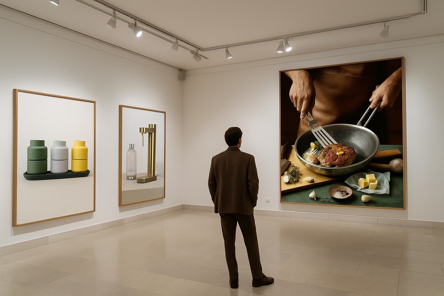Una galería clara, con una persona de espaldas mirando cuadros