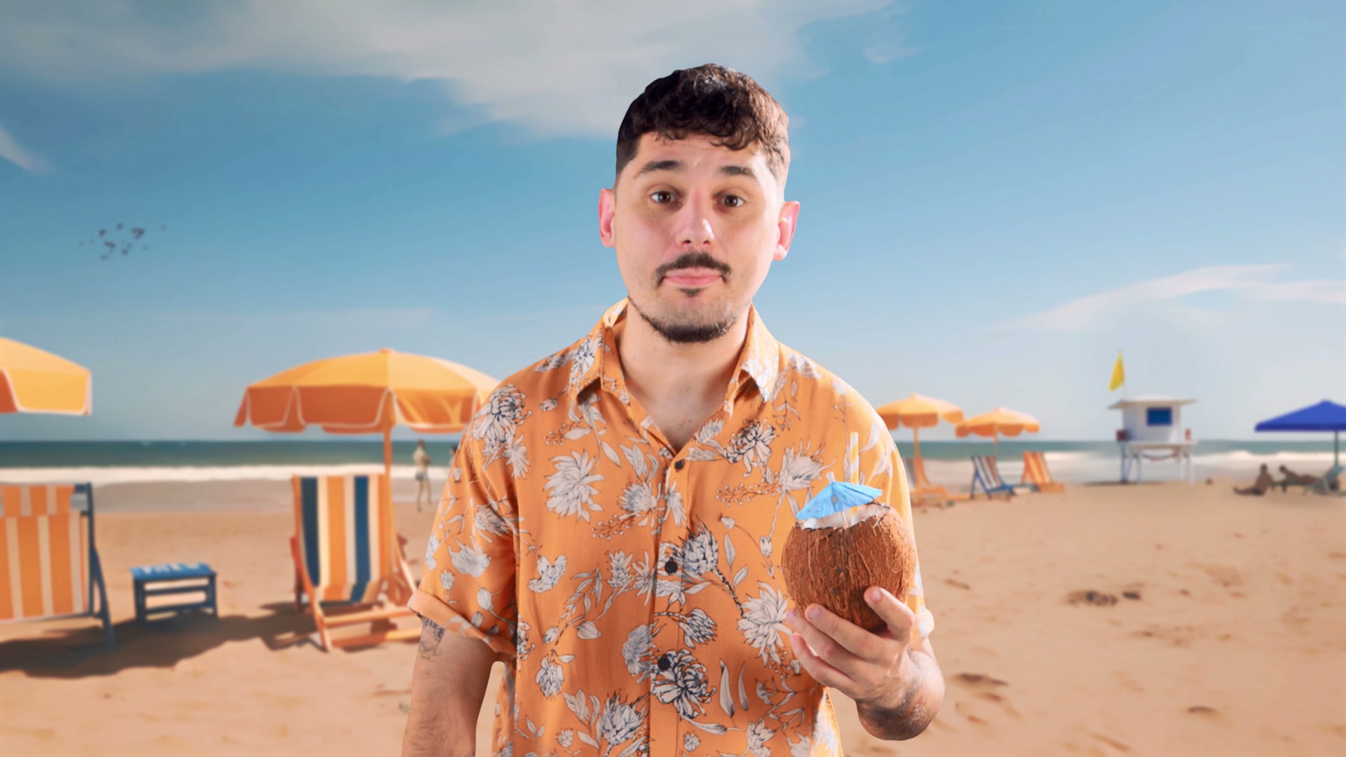 En la playa, hablando a cámara
